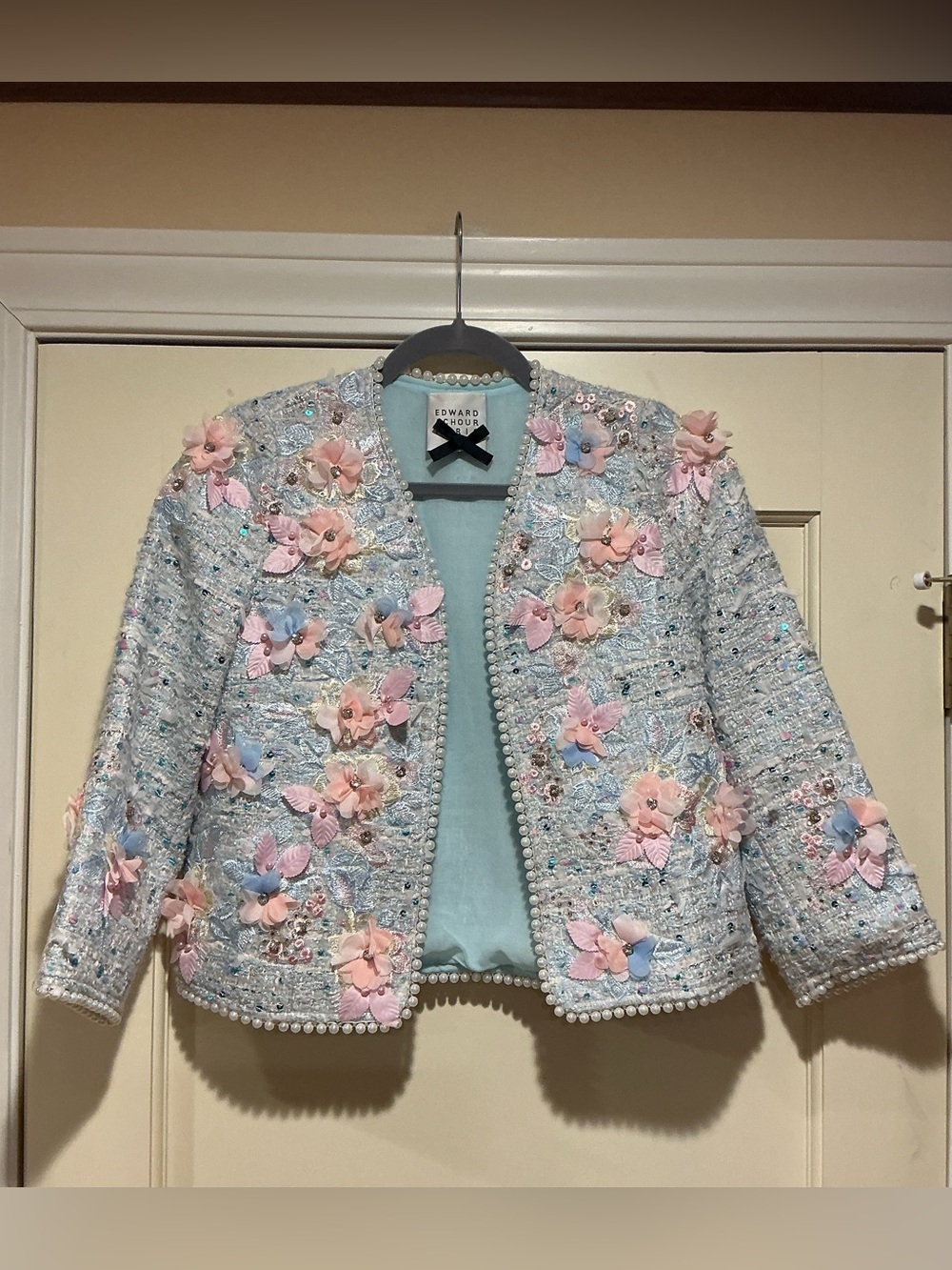NWOT Edward Achour Embellished Pastel Floral Tweed Jacket, Size FR 38 = M
